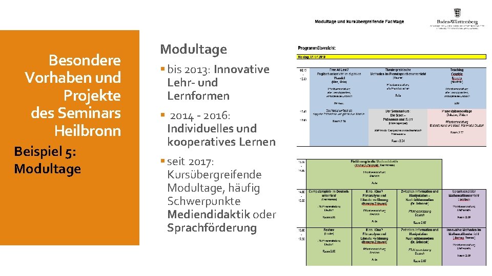 Besondere Vorhaben und Projekte des Seminars Heilbronn Beispiel 5: Modultage § bis 2013: Innovative