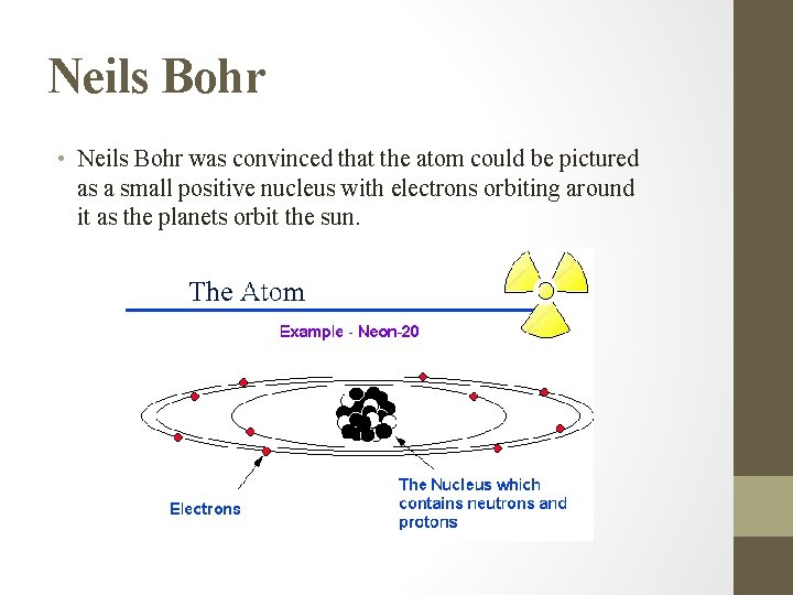 Neils Bohr • Neils Bohr was convinced that the atom could be pictured as