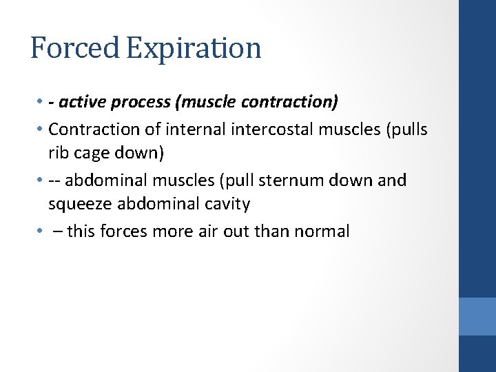 Forced Expiration • - active process (muscle contraction) • Contraction of internal intercostal muscles