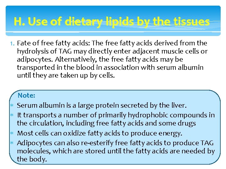H. Use of dietary lipids by the tissues 1. Fate of free fatty acids: