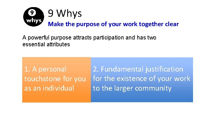 9 Whys Make the purpose of your work together clear A powerful purpose attracts