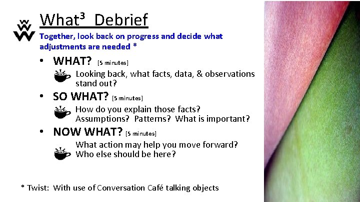 What³ Debrief Together, look back on progress and decide what adjustments are needed *