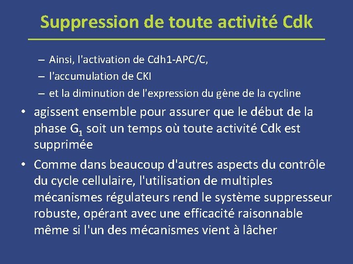 Suppression de toute activité Cdk – Ainsi, l'activation de Cdh 1 -APC/C, – l'accumulation
