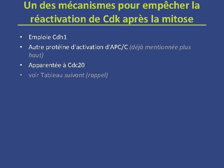 Un des mécanismes pour empêcher la réactivation de Cdk après la mitose • Emploie