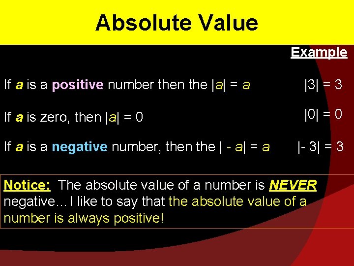 Absolute Value Example If a is a positive number then the |a| = a