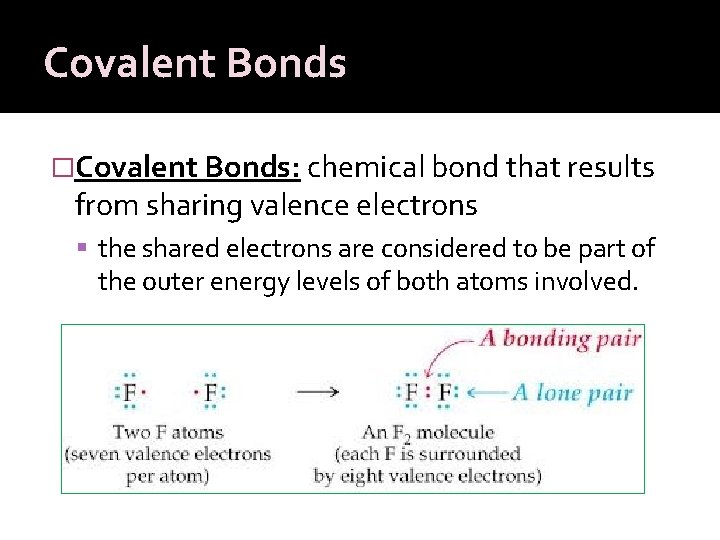 Covalent Bonds �Covalent Bonds: chemical bond that results from sharing valence electrons the shared
