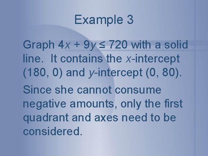Example 3 Graph 4 x + 9 y ≤ 720 with a solid line.
