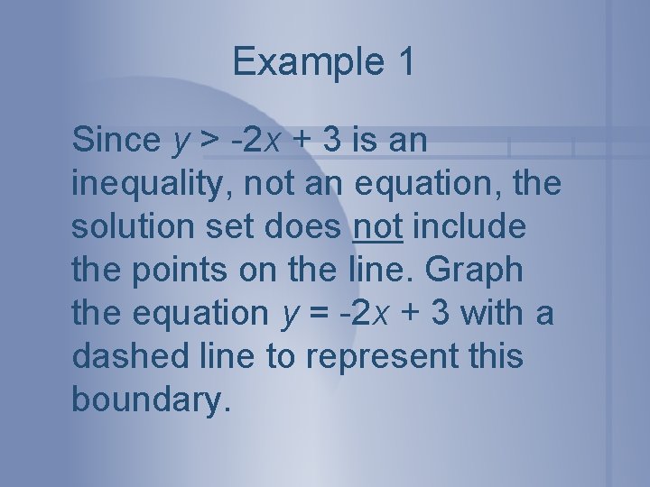 Example 1 Since y > -2 x + 3 is an inequality, not an