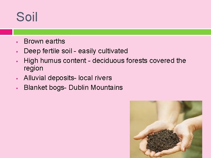 Soil § § § Brown earths Deep fertile soil - easily cultivated High humus