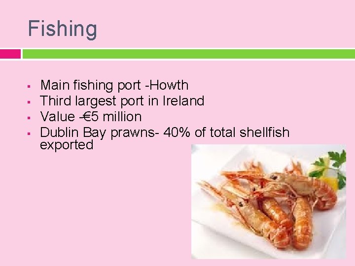 Fishing § § Main fishing port -Howth Third largest port in Ireland Value -€