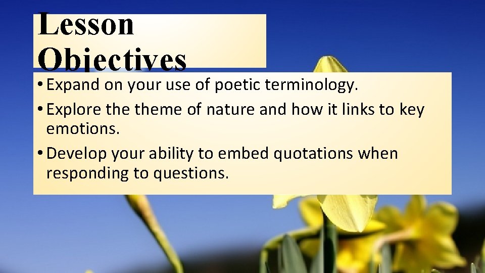 Lesson Objectives • Expand on your use of poetic terminology. • Explore theme of