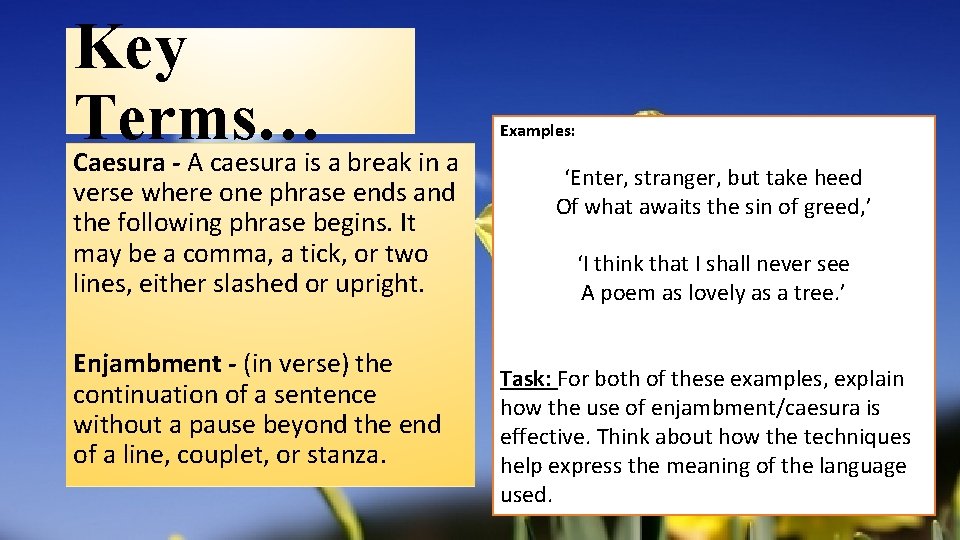 Key Terms… Caesura - A caesura is a break in a verse where one