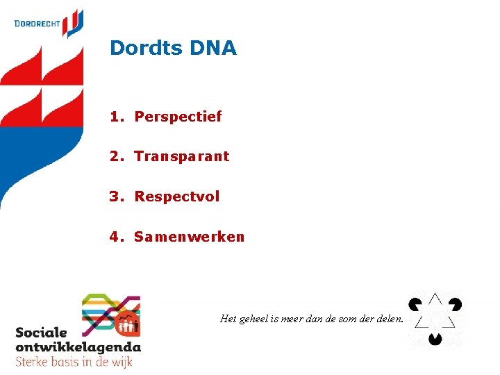 Dordts DNA 1. Perspectief 2. Transparant 3. Respectvol 4. Samenwerken Het geheel is meer