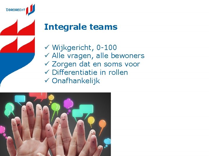 Integrale teams ü ü ü Wijkgericht, 0 -100 Alle vragen, alle bewoners Zorgen dat