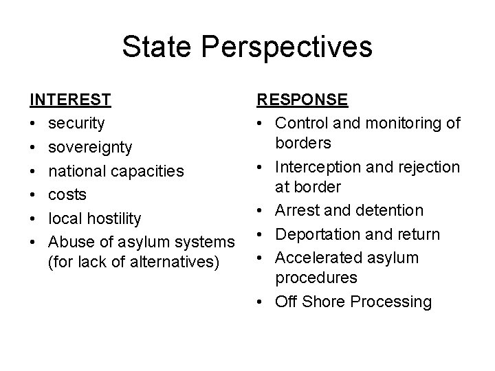 State Perspectives INTEREST • security • sovereignty • national capacities • costs • local