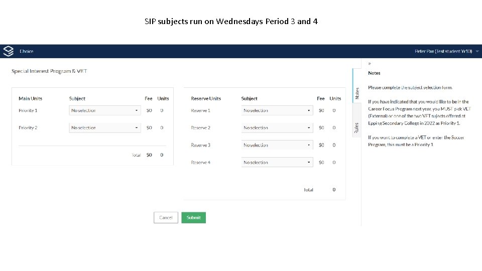 SIP subjects run on Wednesdays Period 3 and 4 