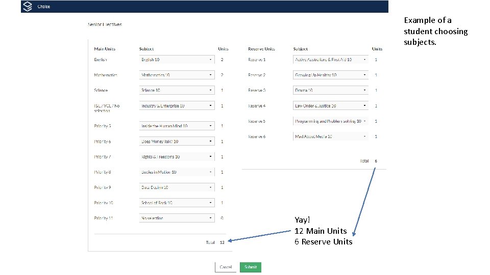 Example of a student choosing subjects. Yay! 12 Main Units 6 Reserve Units 