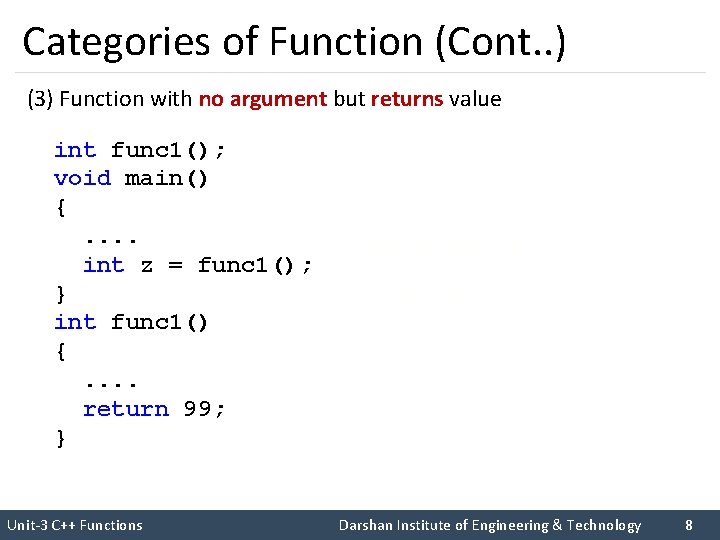 Categories of Function (Cont. . ) (3) Function with no argument but returns value