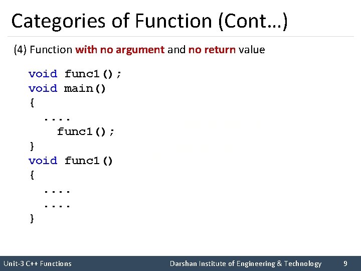 Categories of Function (Cont…) (4) Function with no argument and no return value void