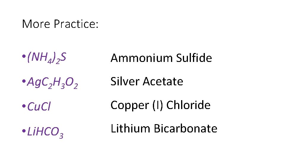 More Practice: • (NH 4)2 S Ammonium Sulfide • Ag. C 2 H 3 More Practice: • (NH 4)2 S Ammonium Sulfide • Ag. C 2 H 3