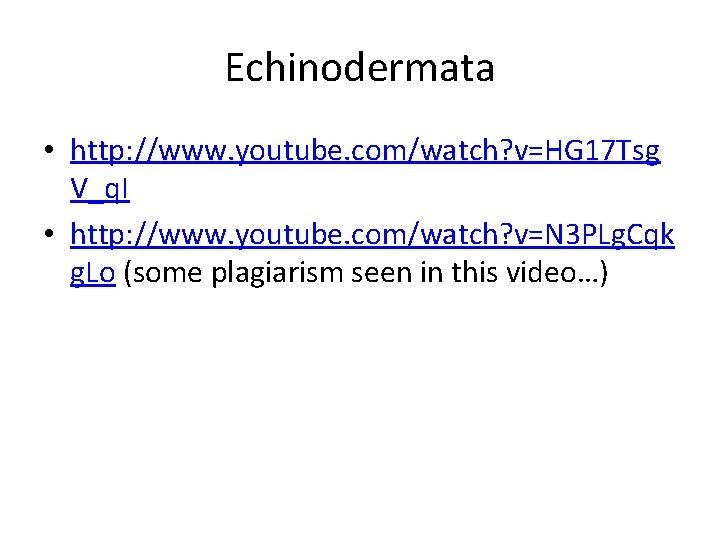 Echinodermata • http: //www. youtube. com/watch? v=HG 17 Tsg V_q. I • http: //www.