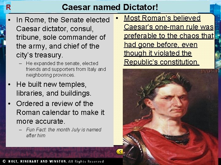Rome and Early Caesar Christianity named • In Rome, the Senate elected • Caesar