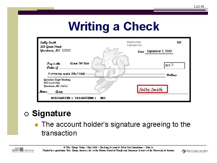 1. 2. 3. G 1 Writing a Check ¡ Signature l The account holder’s