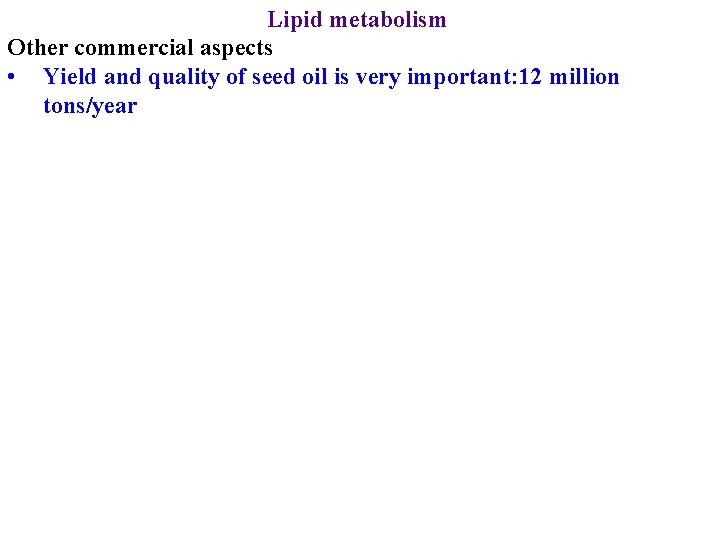 Lipid metabolism Other commercial aspects • Yield and quality of seed oil is very