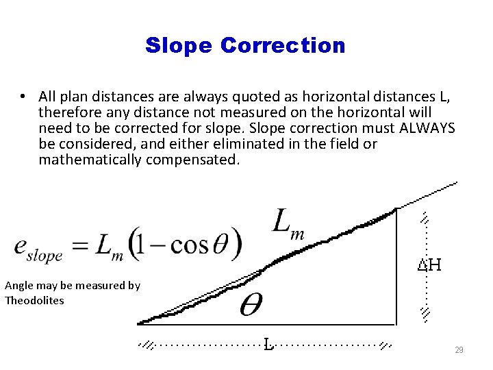 Slope Correction • All plan distances are always quoted as horizontal distances L, therefore