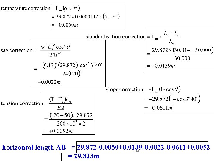 horizontal length AB = 29. 872 -0. 0050+0. 0139 -0. 0022 -0. 0611+0. 0052