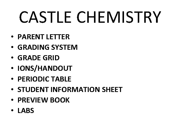 CASTLE CHEMISTRY • • PARENT LETTER GRADING SYSTEM GRADE GRID IONS/HANDOUT PERIODIC TABLE STUDENT