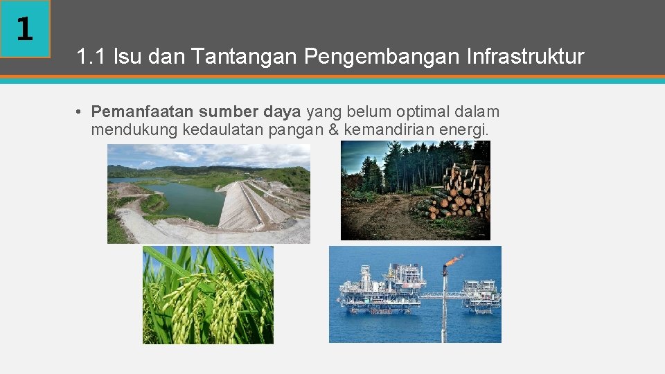 1 1. 1 Isu dan Tantangan Pengembangan Infrastruktur • Pemanfaatan sumber daya yang belum