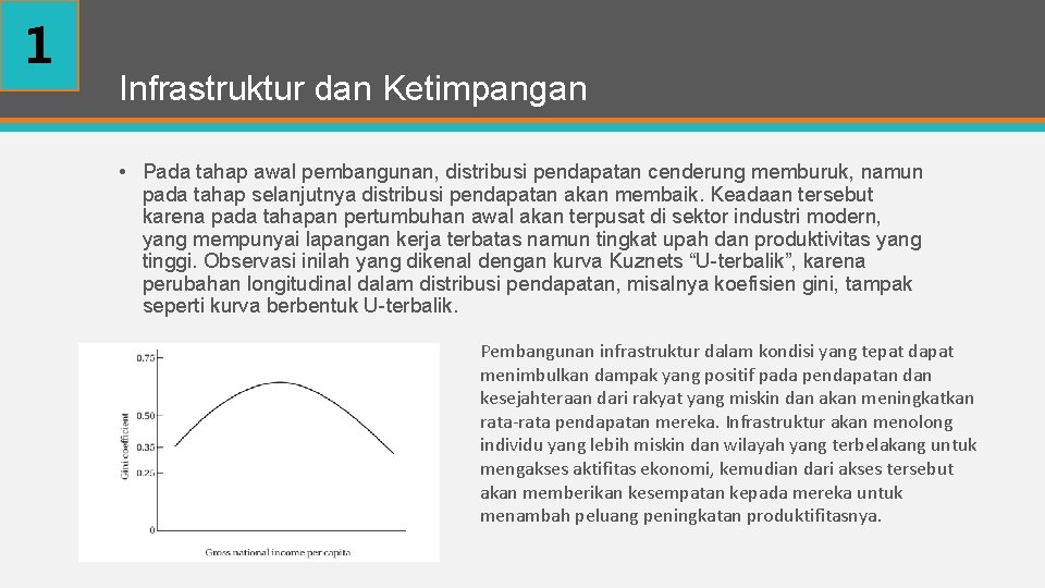 1 Infrastruktur dan Ketimpangan • Pada tahap awal pembangunan, distribusi pendapatan cenderung memburuk, namun