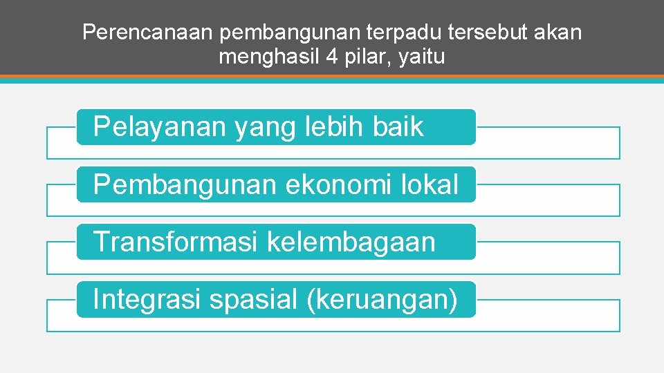 Perencanaan pembangunan terpadu tersebut akan menghasil 4 pilar, yaitu Pelayanan yang lebih baik Pembangunan