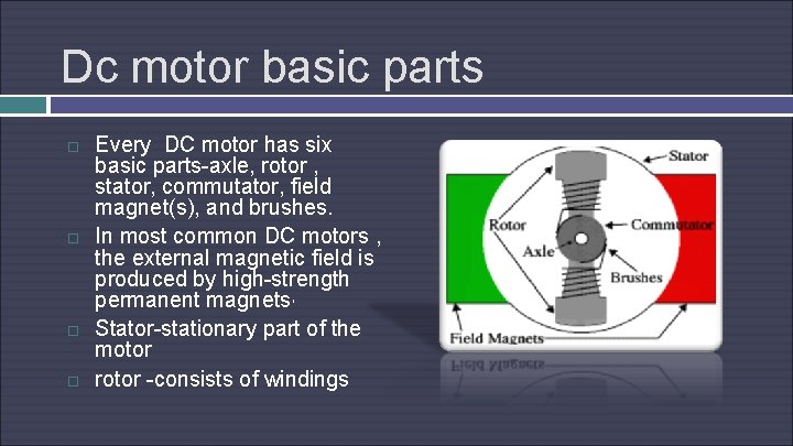 Dc motor basic parts Every DC motor has six basic parts-axle, rotor , stator,