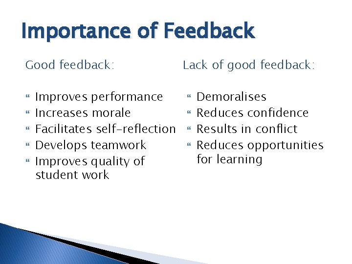 Importance of Feedback Good feedback: Improves performance Increases morale Facilitates self-reflection Develops teamwork Improves