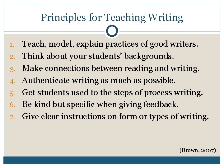 Principles for Teaching Writing 1. 2. 3. 4. 5. 6. 7. Teach, model, explain