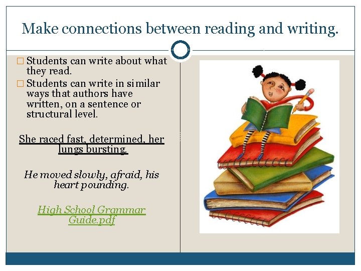 Make connections between reading and writing. � Students can write about what they read.