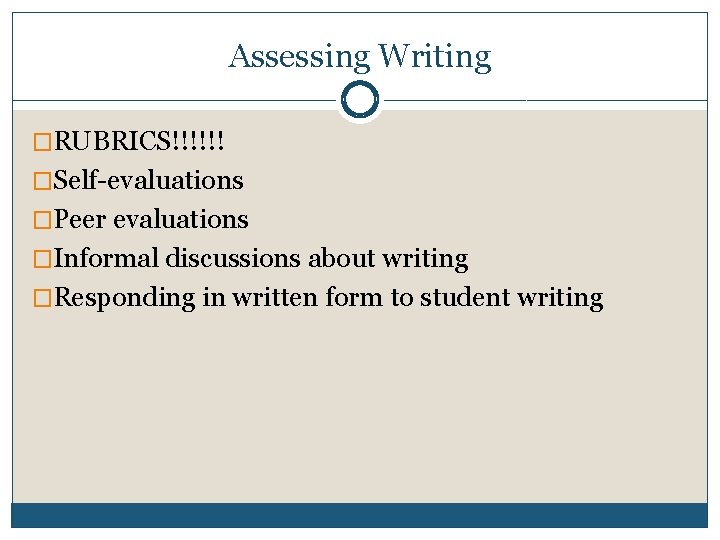 Assessing Writing �RUBRICS!!!!!! �Self-evaluations �Peer evaluations �Informal discussions about writing �Responding in written form