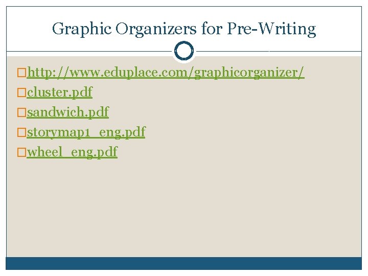 Graphic Organizers for Pre-Writing �http: //www. eduplace. com/graphicorganizer/ �cluster. pdf �sandwich. pdf �storymap 1_eng.