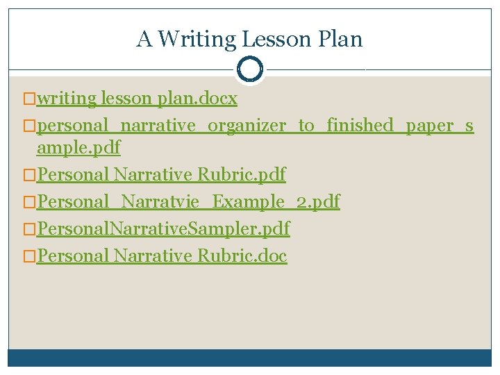 A Writing Lesson Plan �writing lesson plan. docx �personal_narrative_organizer_to_finished_paper_s ample. pdf �Personal Narrative Rubric.