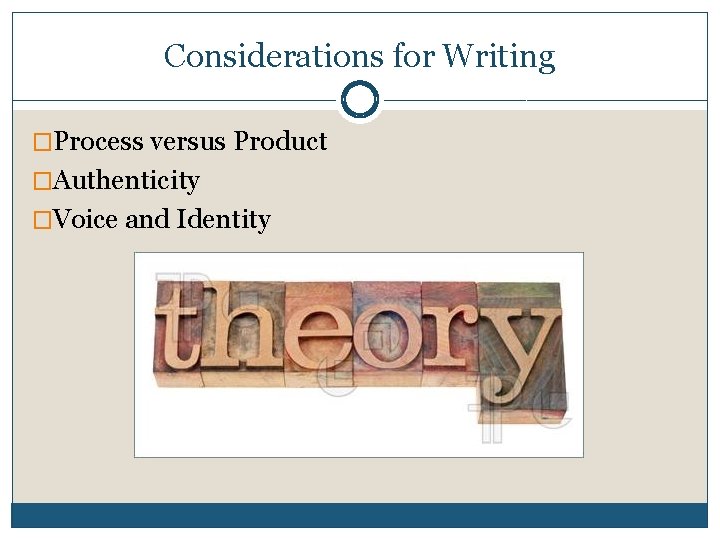 Considerations for Writing �Process versus Product �Authenticity �Voice and Identity 