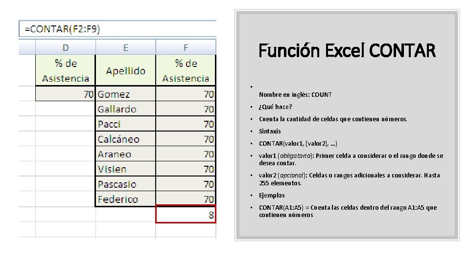 Función Excel CONTAR • Nombre en inglés: COUNT • ¿Qué hace? • Cuenta la