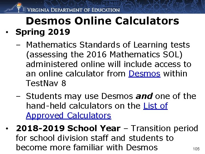 Desmos Online Calculators • Spring 2019 – Mathematics Standards of Learning tests (assessing the