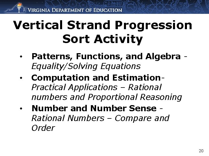 Vertical Strand Progression Sort Activity • • • Patterns, Functions, and Algebra Equality/Solving Equations