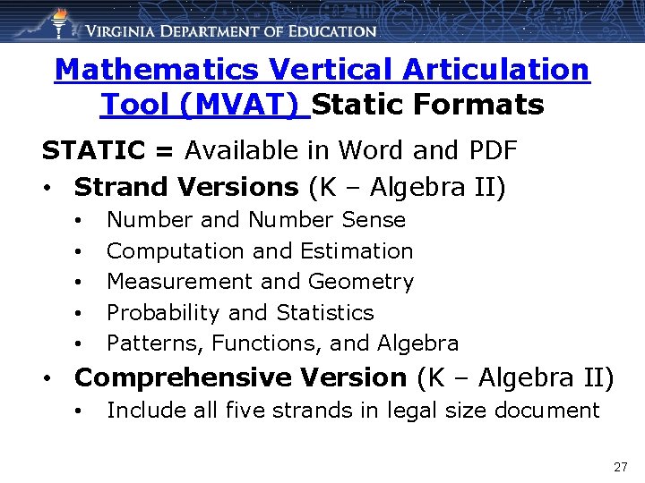 Mathematics Vertical Articulation Tool (MVAT) Static Formats STATIC = Available in Word and PDF