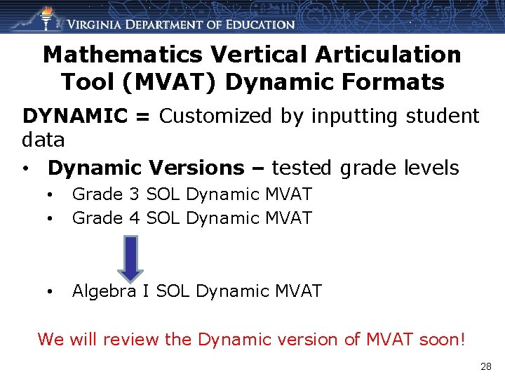 Mathematics Vertical Articulation Tool (MVAT) Dynamic Formats DYNAMIC = Customized by inputting student data