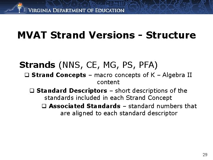 MVAT Strand Versions - Structure Strands (NNS, CE, MG, PS, PFA) q Strand Concepts