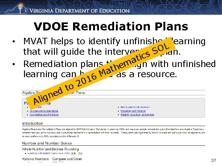 VDOE Remediation Plans • MVAT helps to identify unfinished learning L O that will