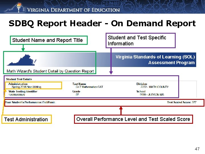 SDBQ Report Header - On Demand Report Student Name and Report Title Test Administration